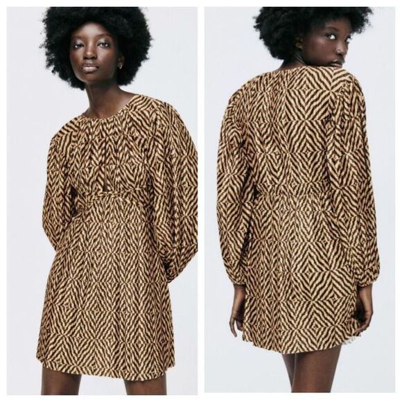 Zara Brown Beige Herringbone Pleated Center Slit Airy Cocktail Mini Dress Size M - Picture 2 of 6